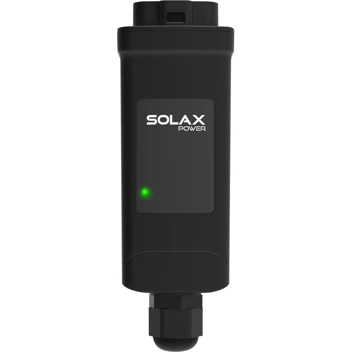 Black Solax power device with a green indicator light on a white background