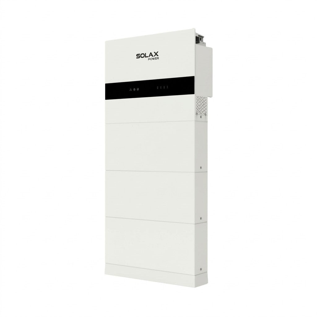 A white SOLAX Power modular battery system unit with a black horizontal control panel band and a small top-mounted connector, shown on a plain white background.