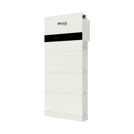 A white SOLAX Power modular battery system unit with a black horizontal control panel band and a small top-mounted connector, shown on a plain white background.