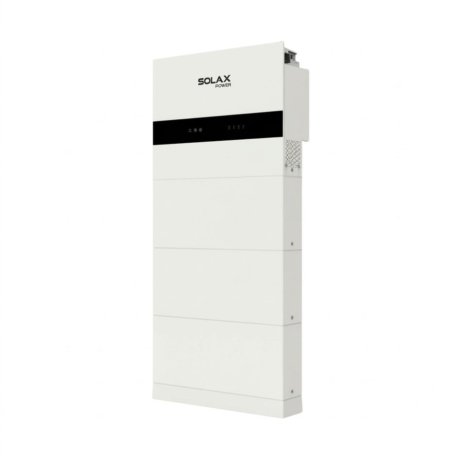 A white SOLAX Power modular battery system unit with a black horizontal control panel band and a small top-mounted connector, shown on a plain white background.