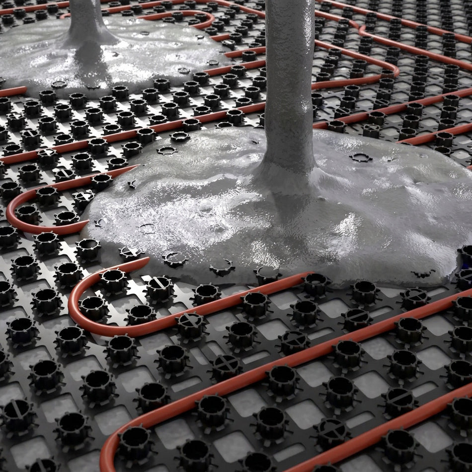 Close-up of a radiant floor heating system showing orange heating pipes laid over a black grid base, with wet concrete or foam insulation around the pipes and a vertical pipe column.