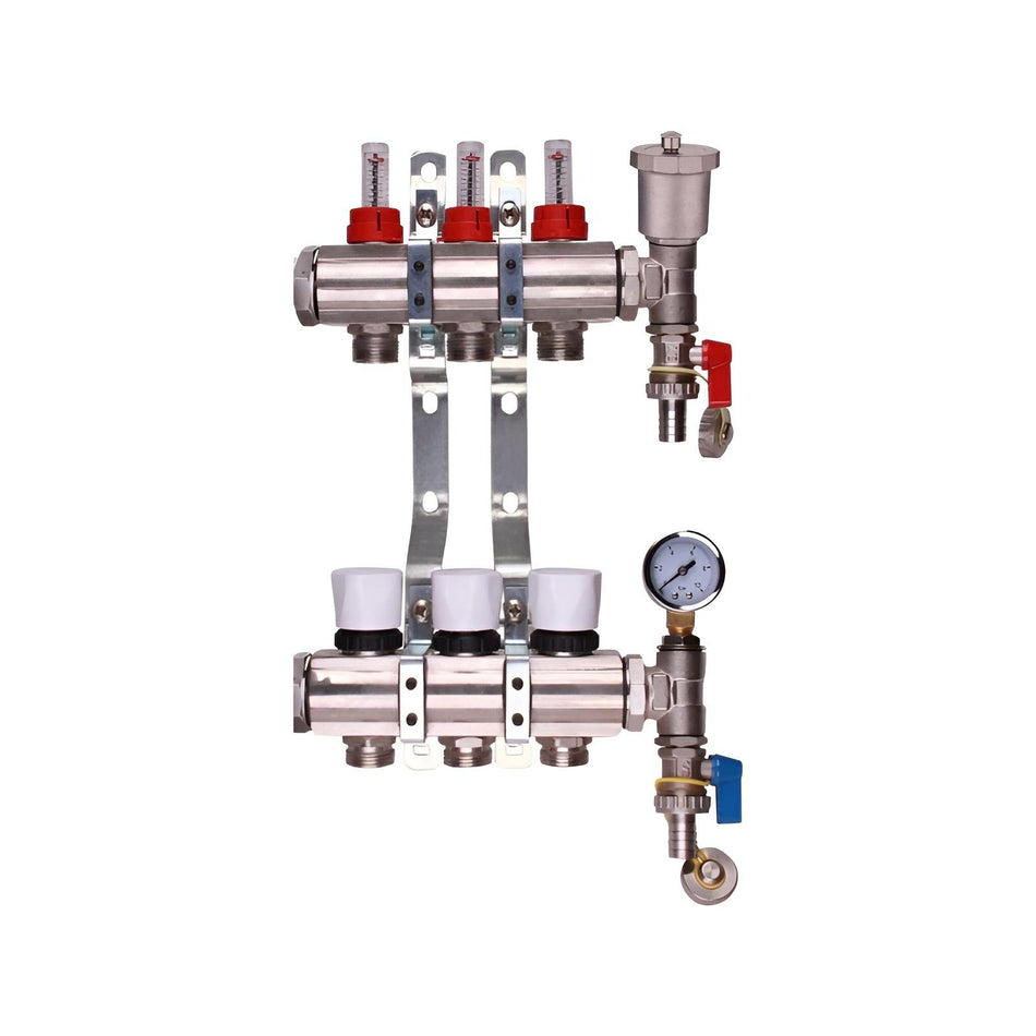 Stainless Steel Underfloor Heating Manifold with Pressure Gauge & Auto Air Vent – 2 to 12 Port Options