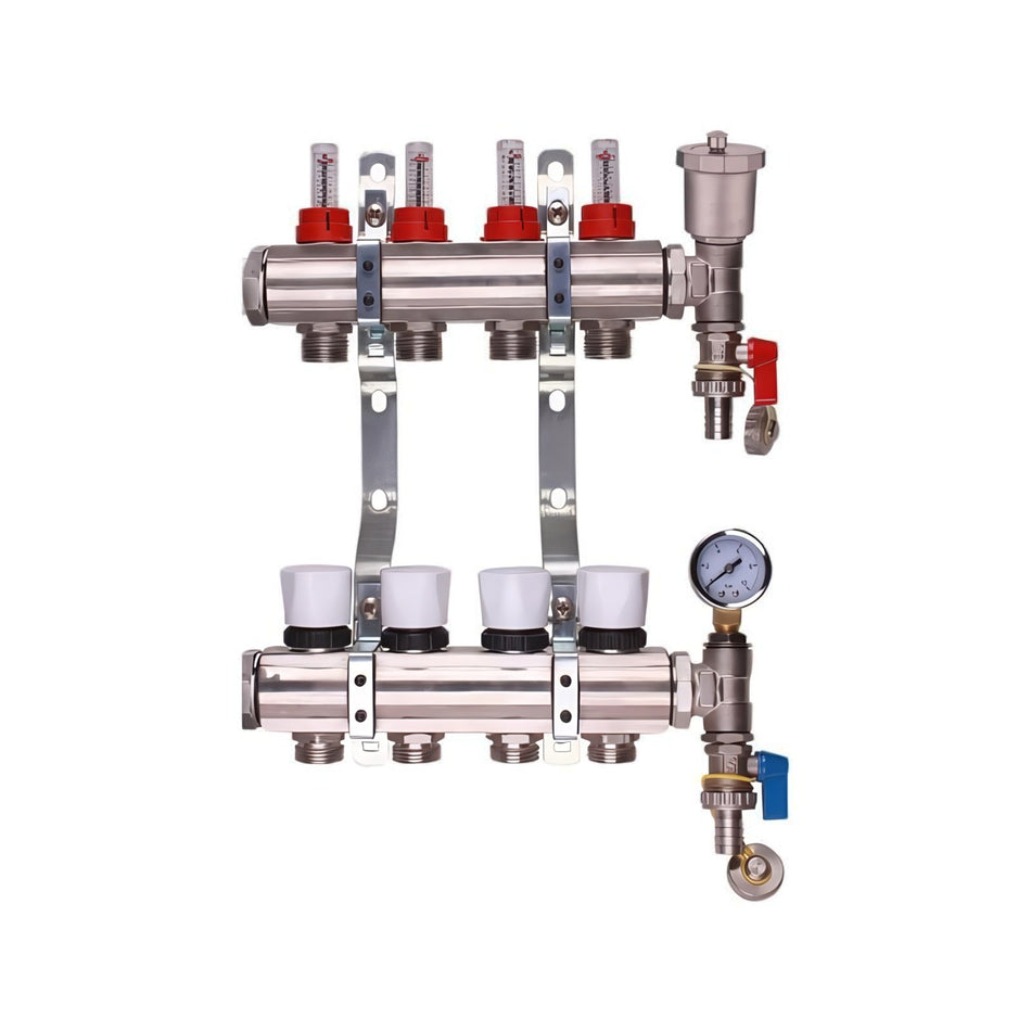 Stainless Steel Underfloor Heating Manifold with Pressure Gauge & Auto Air Vent – 2 to 12 Port Options