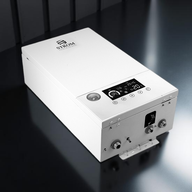 Strom 14.4kW Electric Combi Boiler showcasing sleek design and advanced touchscreen controls.