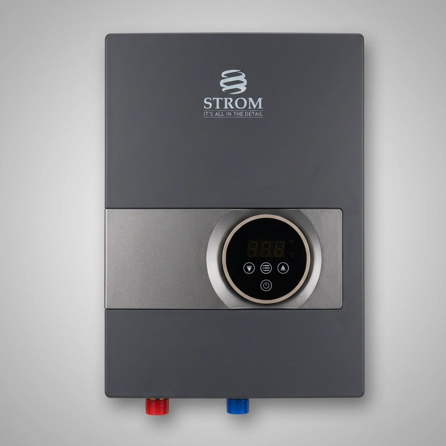 Gray water heater with digital display and 'Strom' branding on a light gray background