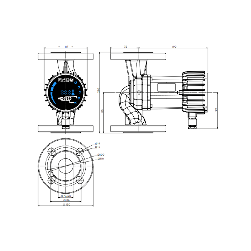 Stuart Turner Pulse 40/100-F220 High-Efficiency Flanged Circulator Pump - DN40, 10m Head, 230V for Commercial Heating