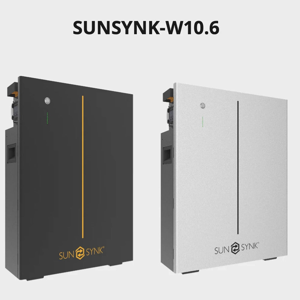 Sunsynk IP65 Battery W10.6 in black and silver color options, designed for solar energy storage and reliability.
