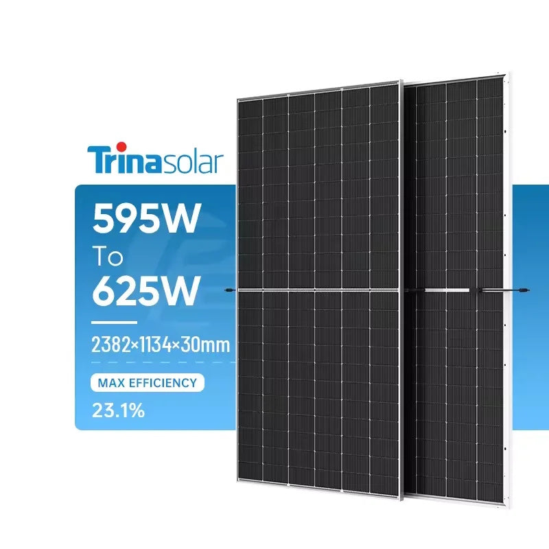 Trinasolar Vertex N 625W Dual Glass N-Type i-TOPCon Bifacial Solar Panel - Silver Frame, Transparent Backsheet, Traceable