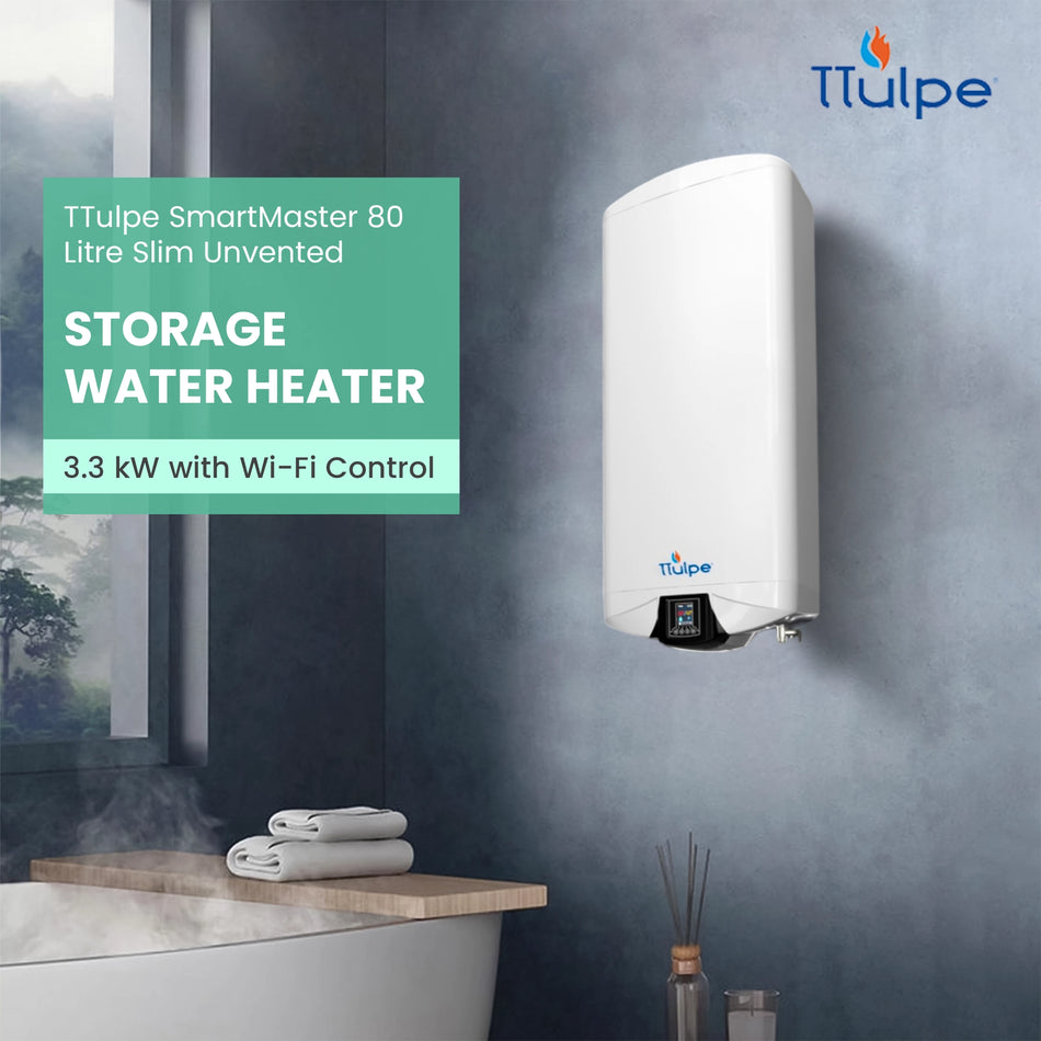 TTulpe SmartMaster 80 Litre Slim Unvented Storage Water Heater 3.3 kW with Wi-Fi Control – Slim, Smart & High-Pressure