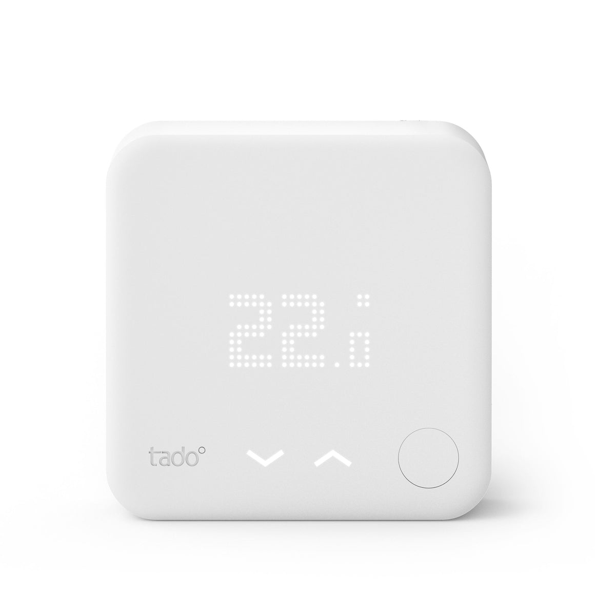 White tado smart thermostat on a light gray background