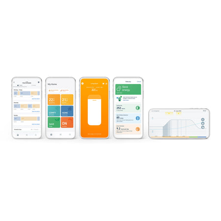 Five smartphone screens displaying different home automation app interfaces on a white background