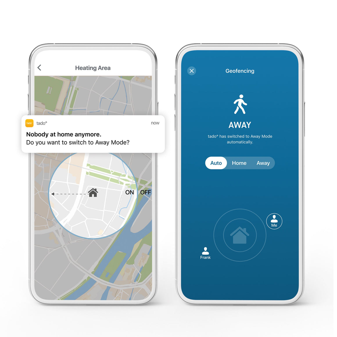 Two smartphone screens showing home automation app interfaces with geofencing and heating area features.