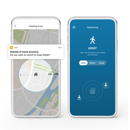Two smartphone screens showing home automation app interfaces with geofencing and heating area features.