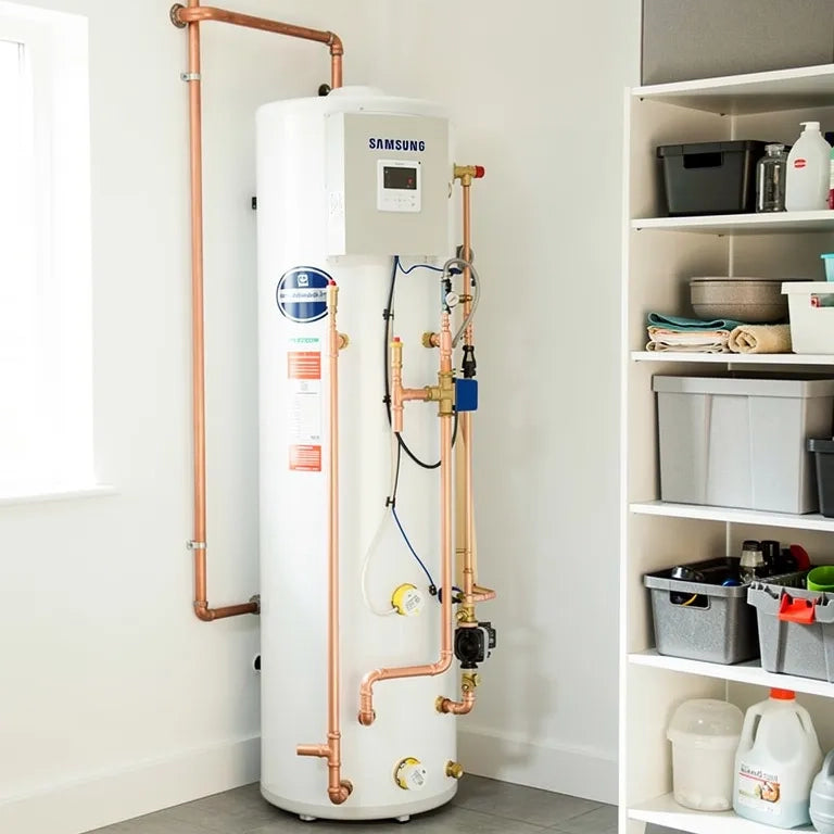 Samsung water heater in a room with shelves and storage boxes.
