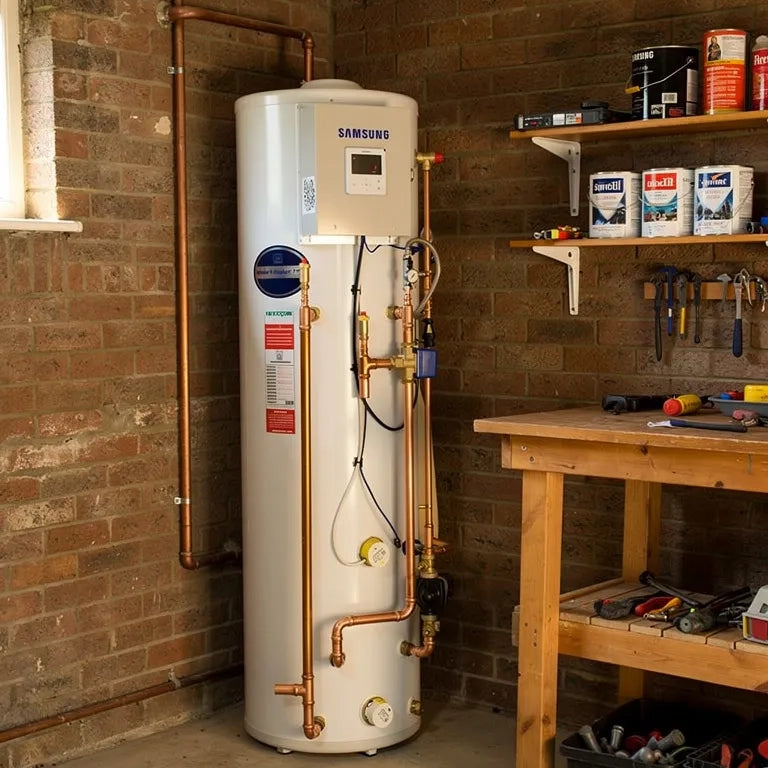 Samsung water heater against a brick wall with tools on a shelf in the background