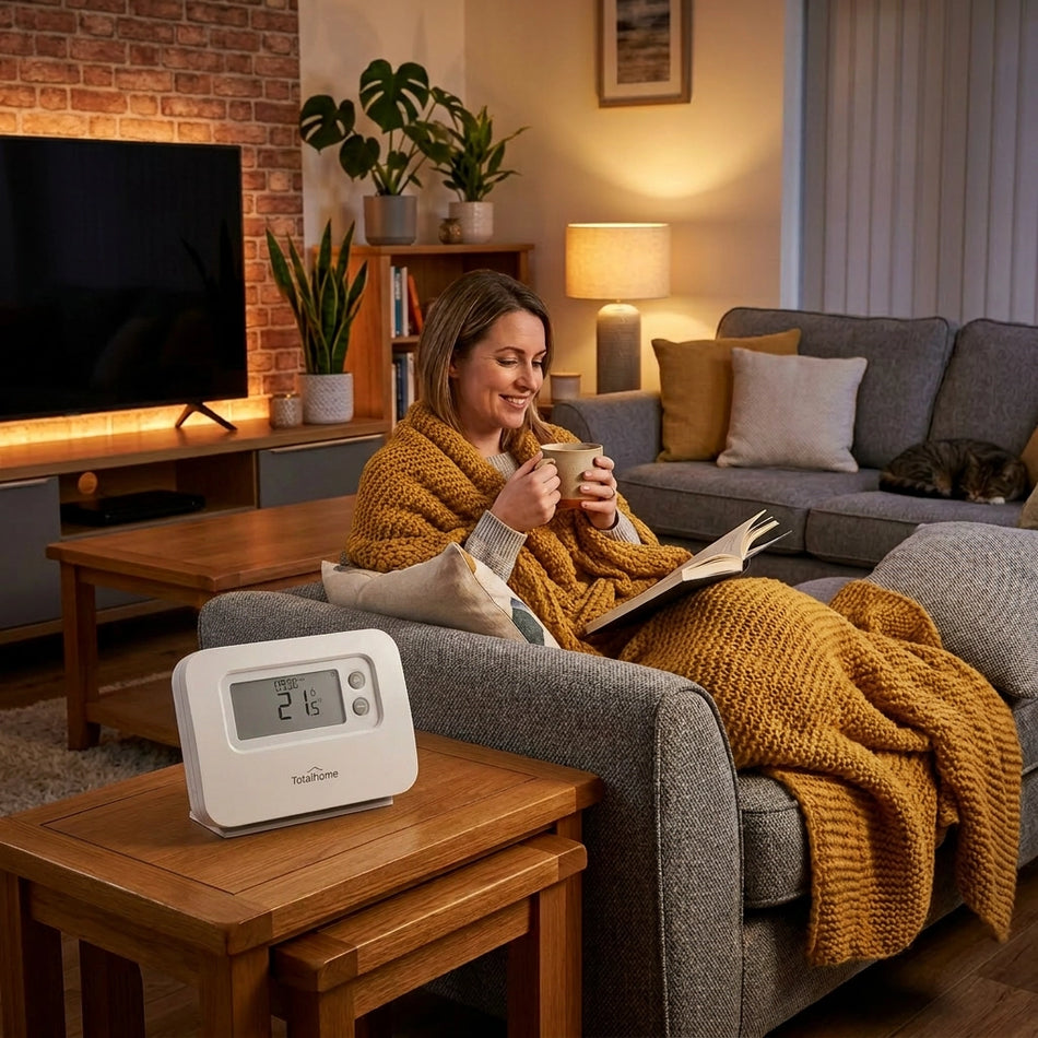 Woman in a cozy living room with a totalhome thermostat on a table.