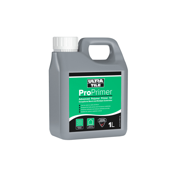 Gray bottle of Ultra Tile ProPrimer on a white background