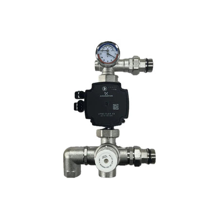 UFH Manifold Pump and mixing valve Mechanical valve with pressure gauge on a white background