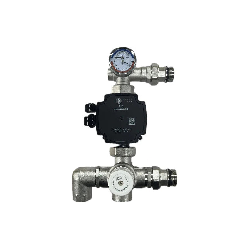 UFH Manifold Pump and mixing valve Mechanical valve with pressure gauge on a white background