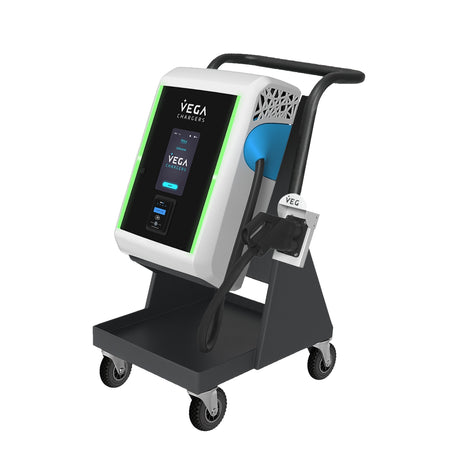 Vega charging station on wheels with a screen and charging cable on a white background