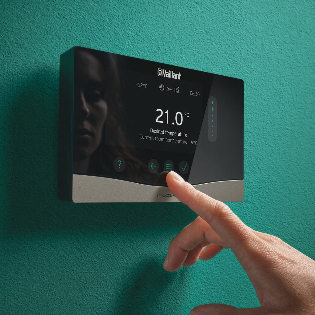 A Vaillant digital wall thermostat mounted on a textured teal wall, with a person's finger touching the screen to adjust the temperature.