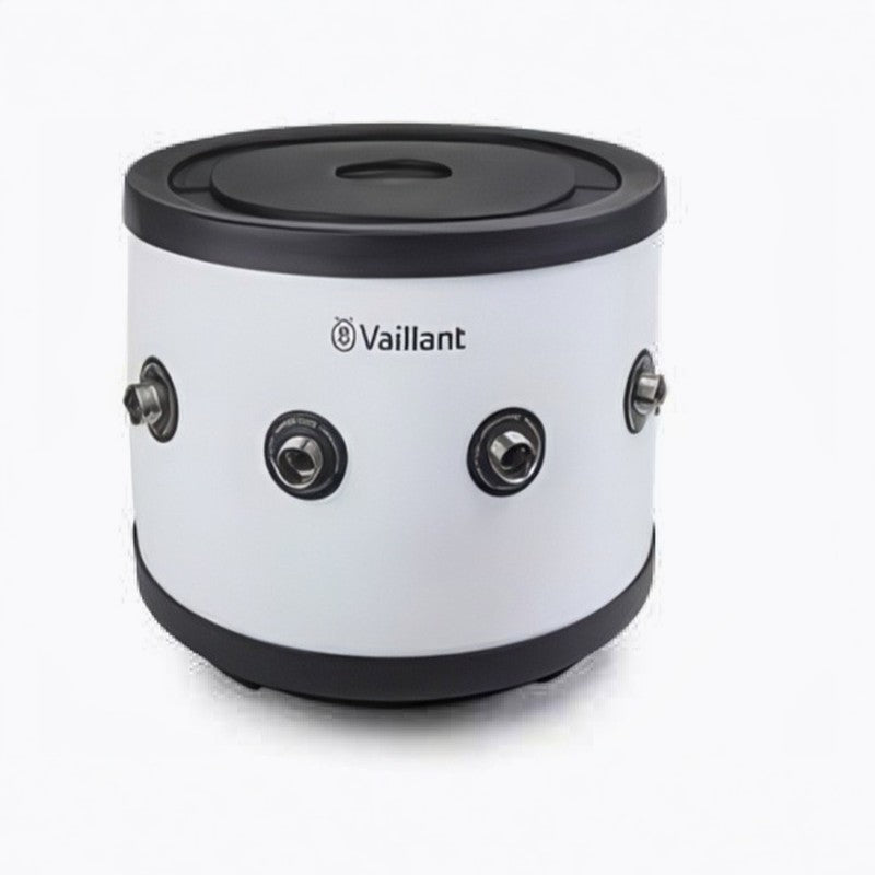 Heat Pump buffer expansion tank by Vaillant, featuring a white body with black top and bottom caps, and three visible metal connection ports on the side.