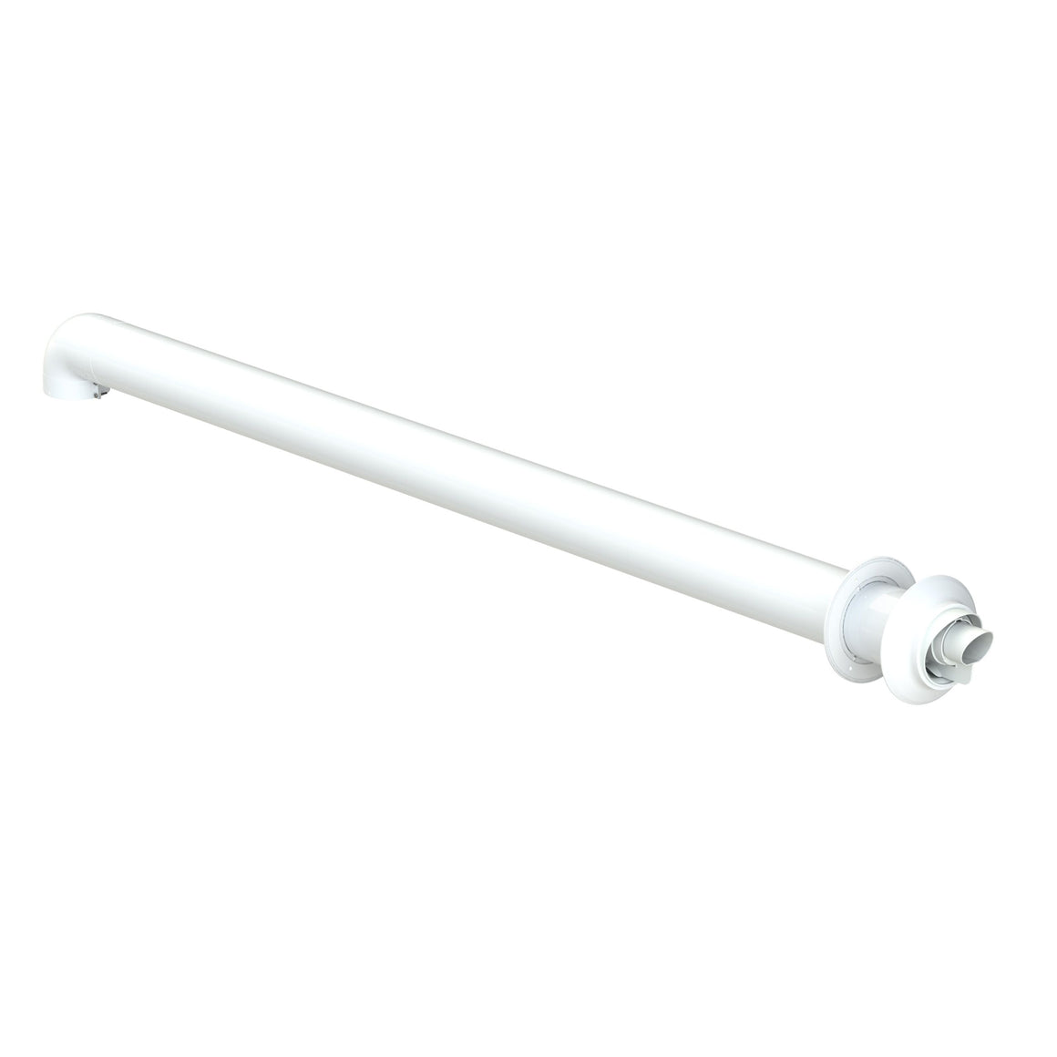 A white metal curtain rod with a wall mount on one end and a swivel finial on the other, shown against a plain white background.