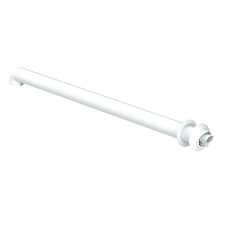 A white metal curtain rod with a wall mount on one end and a swivel finial on the other, shown against a plain white background.