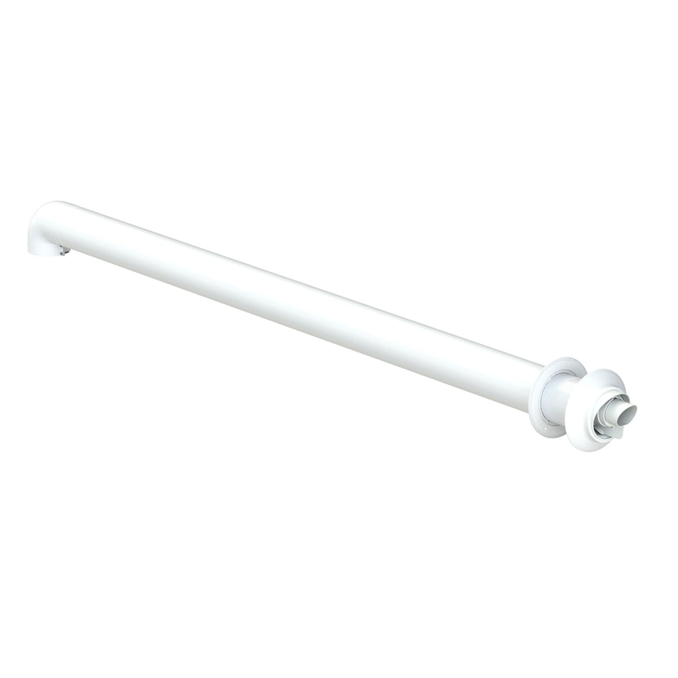 A white metal curtain rod with a wall mount on one end and a swivel finial on the other, shown against a plain white background.