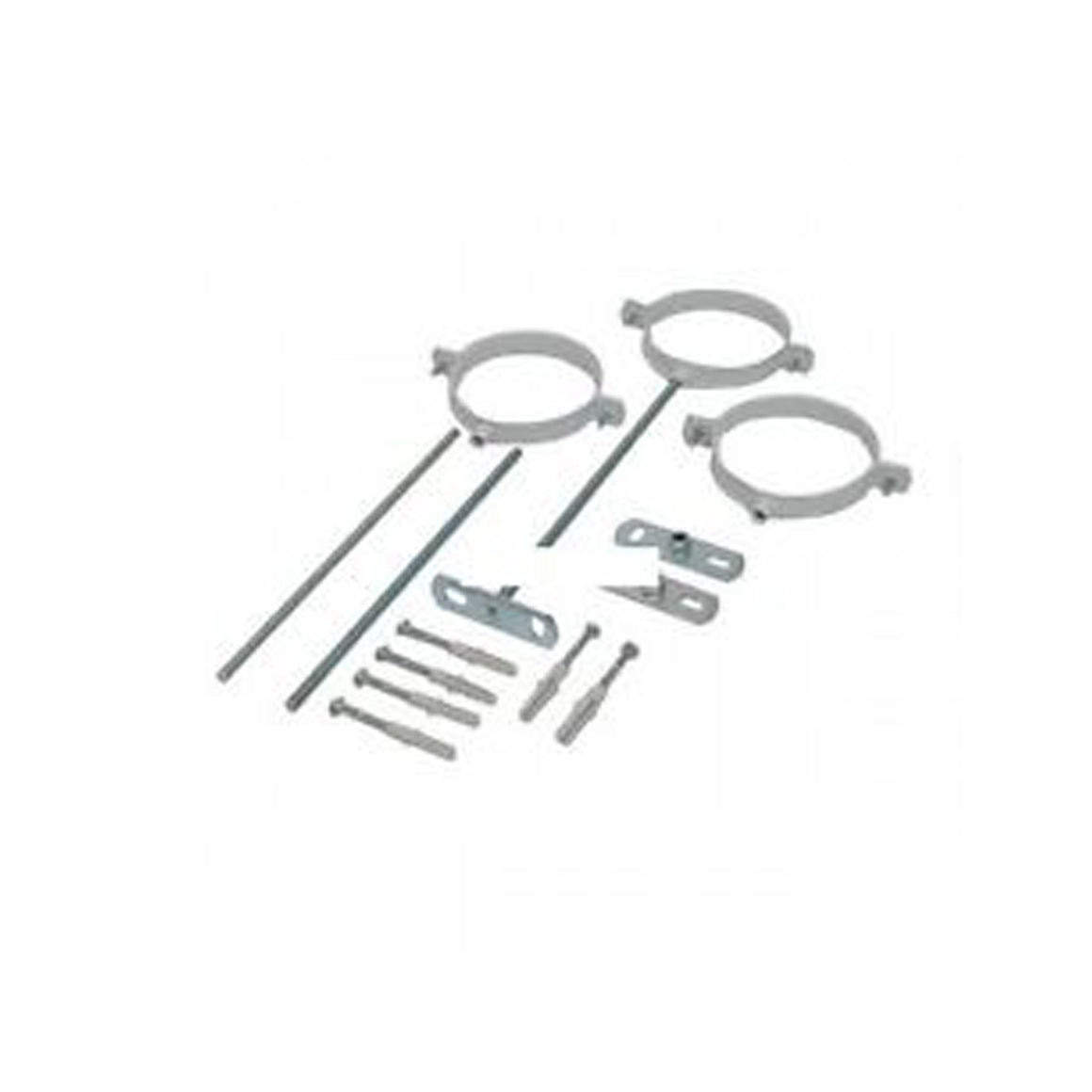 A set of silver metal mounting hardware, including two circular clamp rings, two long rods, two small brackets, and several screws and bolts, arranged on a plain white background.