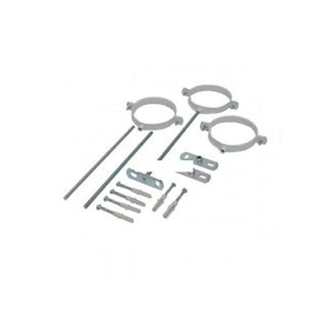 A set of silver metal mounting hardware, including two circular clamp rings, two long rods, two small brackets, and several screws and bolts, arranged on a plain white background.