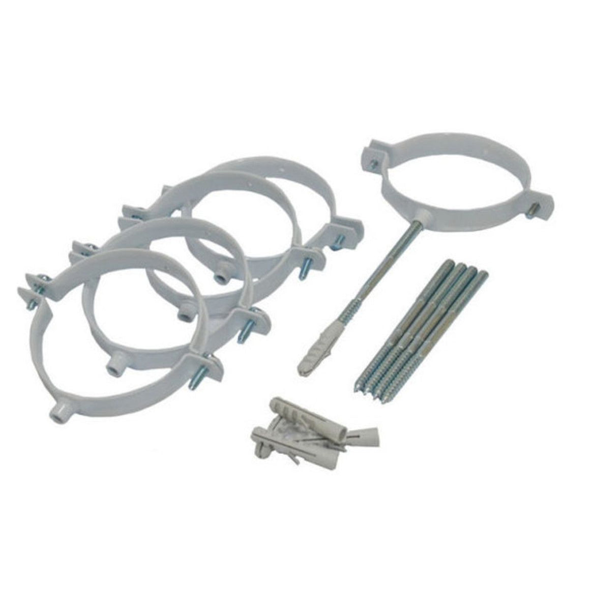 A set of white plastic mounting rings with silver metal screws, anchors, and wall plugs, arranged on a plain white background.