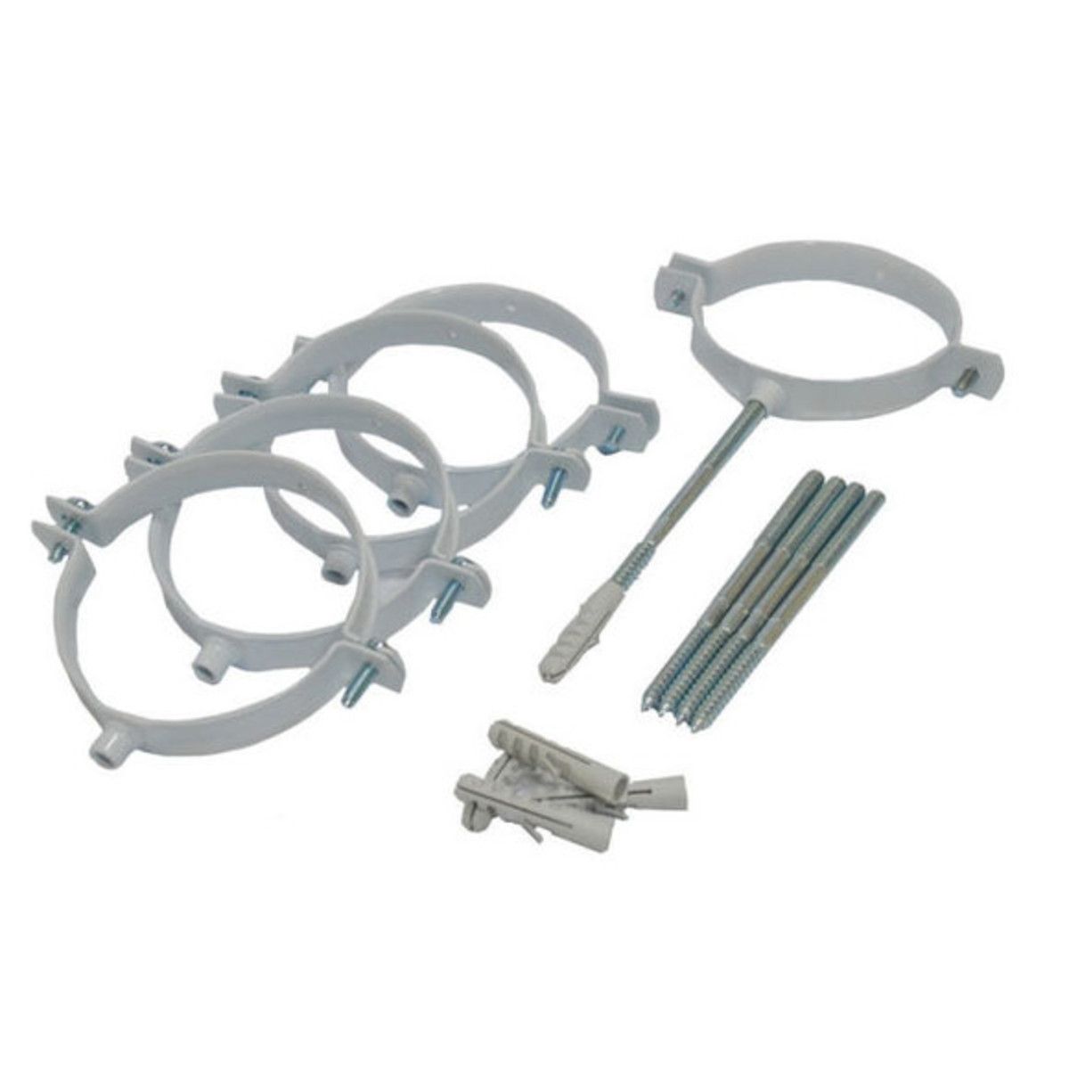 A set of white plastic mounting rings with silver metal screws, anchors, and wall plugs, arranged on a plain white background.