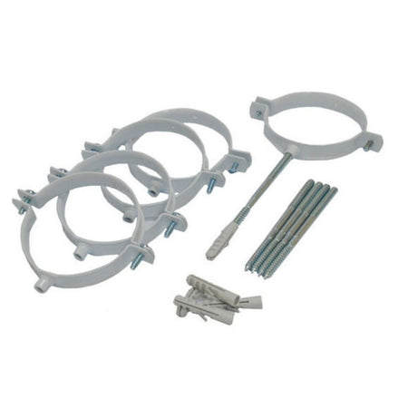 A set of white plastic mounting rings with silver metal screws, anchors, and wall plugs, arranged on a plain white background.