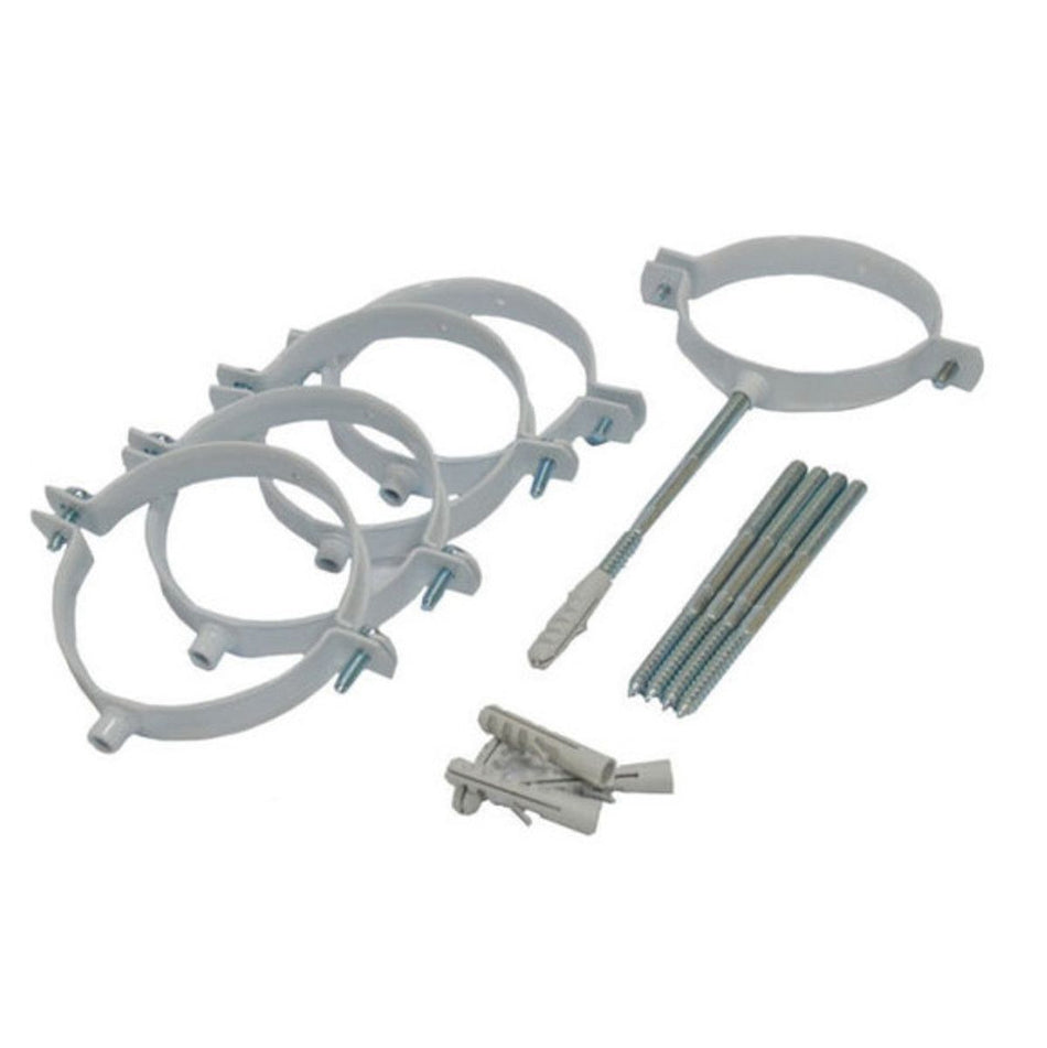 A set of white plastic mounting rings with silver metal screws, anchors, and wall plugs, arranged on a plain white background.