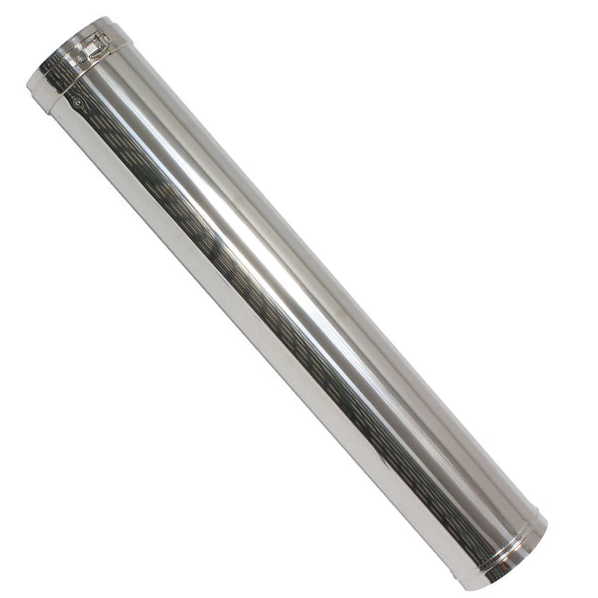 A polished stainless steel cylindrical tube or sleeve shown diagonally on a plain white background.