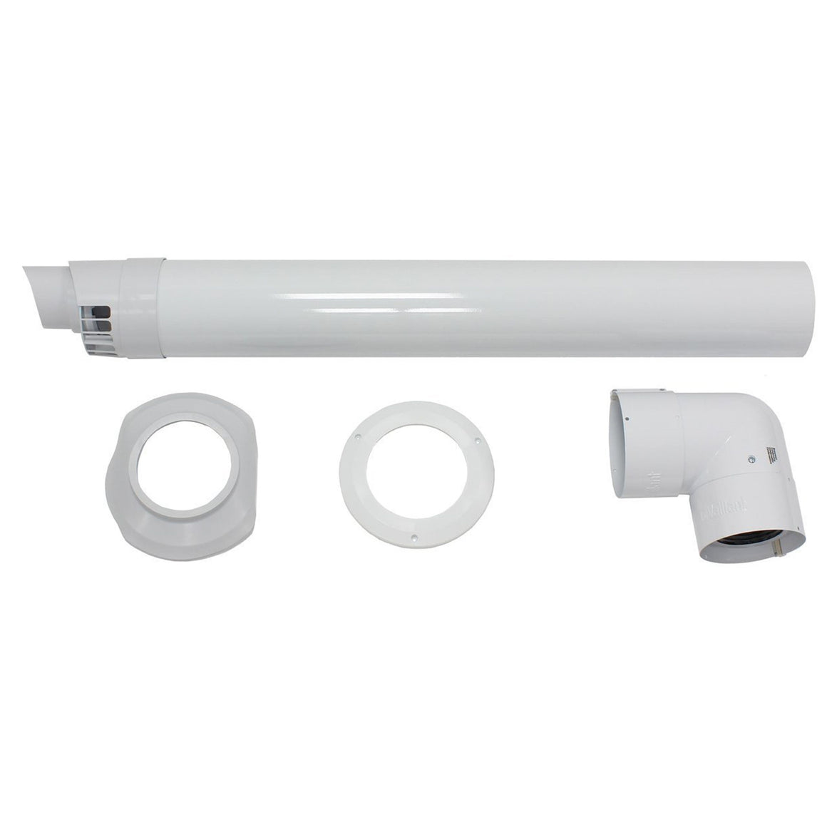 White plastic vent pipe assembly with a straight section, elbow joint, and two circular flanges on a plain white background.