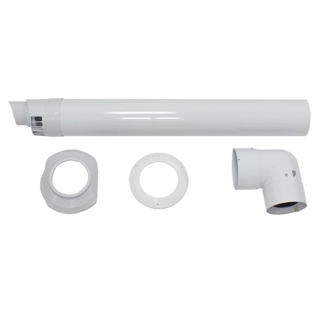 White plastic vent pipe assembly with a straight section, elbow joint, and two circular flanges on a plain white background.