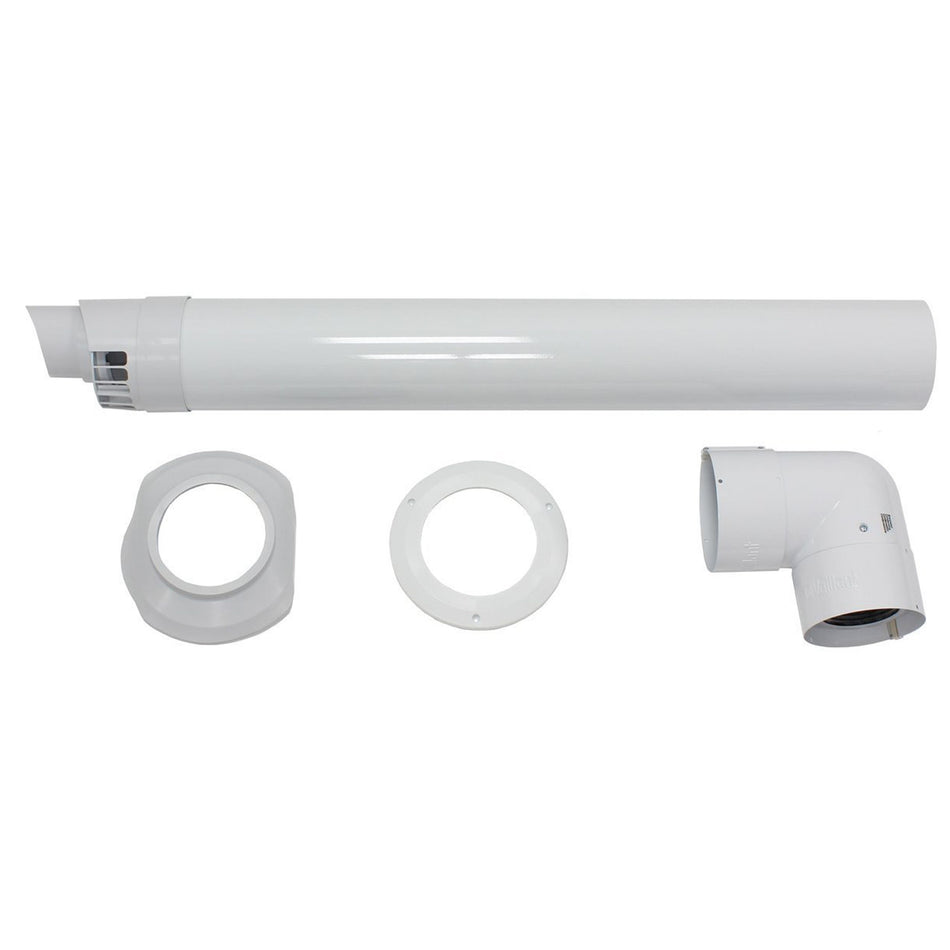 White plastic vent pipe assembly with a straight section, elbow joint, and two circular flanges on a plain white background.