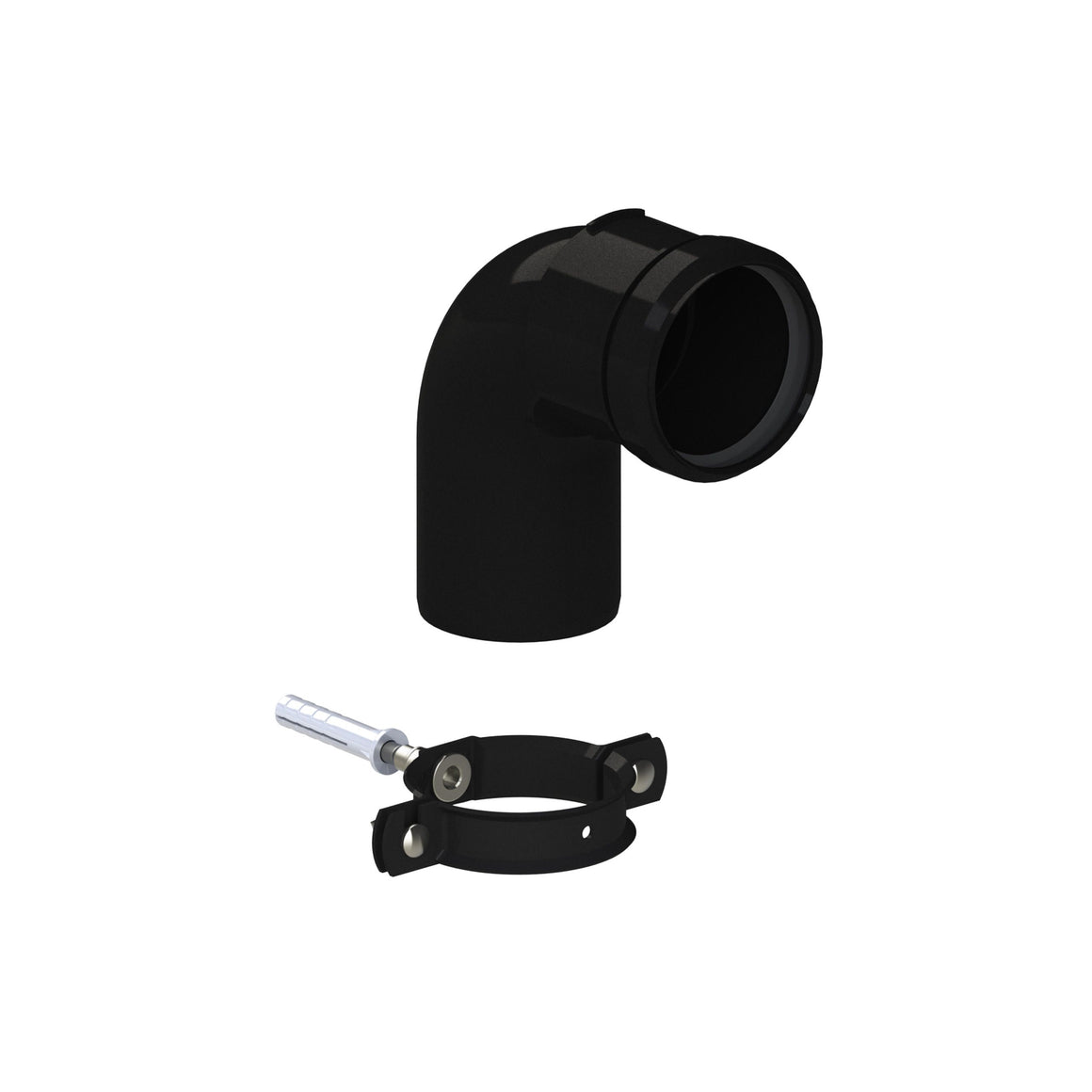 A black 90-degree elbow pipe connector with a black clamp and a silver metal bolt, shown on a plain white background.