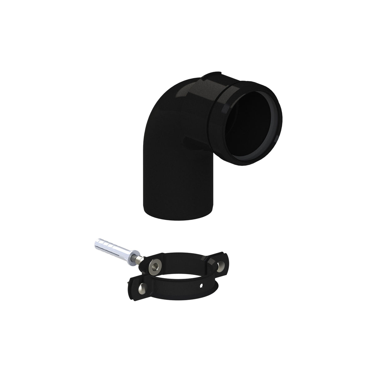 A black 90-degree elbow pipe connector with a black clamp and a silver metal bolt, shown on a plain white background.