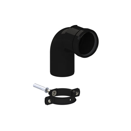 A black 90-degree elbow pipe connector with a black clamp and a silver metal bolt, shown on a plain white background.