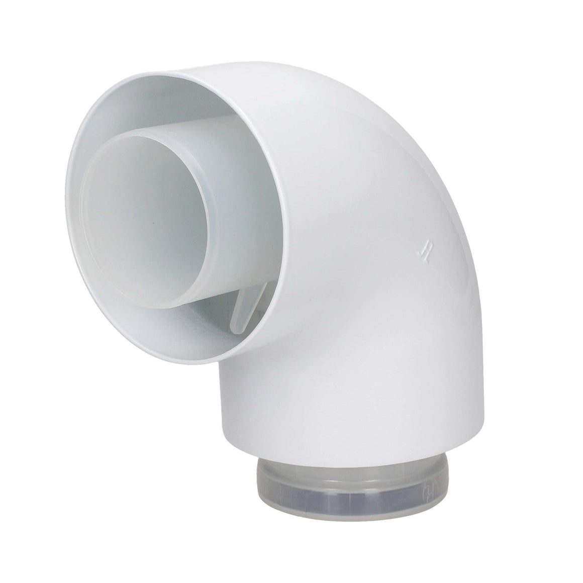 A white plastic elbow vent pipe fitting with a translucent gray bottom cap, shown on a solid white background.
