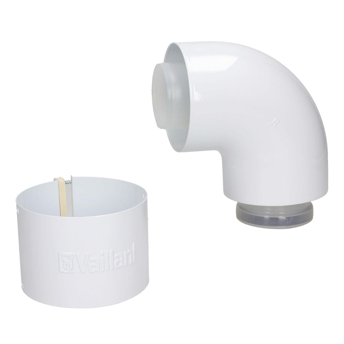 White plastic duct elbow and collar assembly with a visible Vaisall embossed logo on the collar, shown on a plain white background.