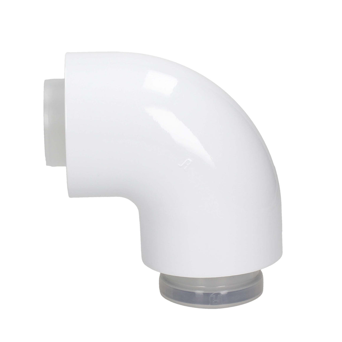 A white plastic 90-degree elbow pipe connector with a clear plastic slip-on fitting at the bottom, shown on a plain white background.