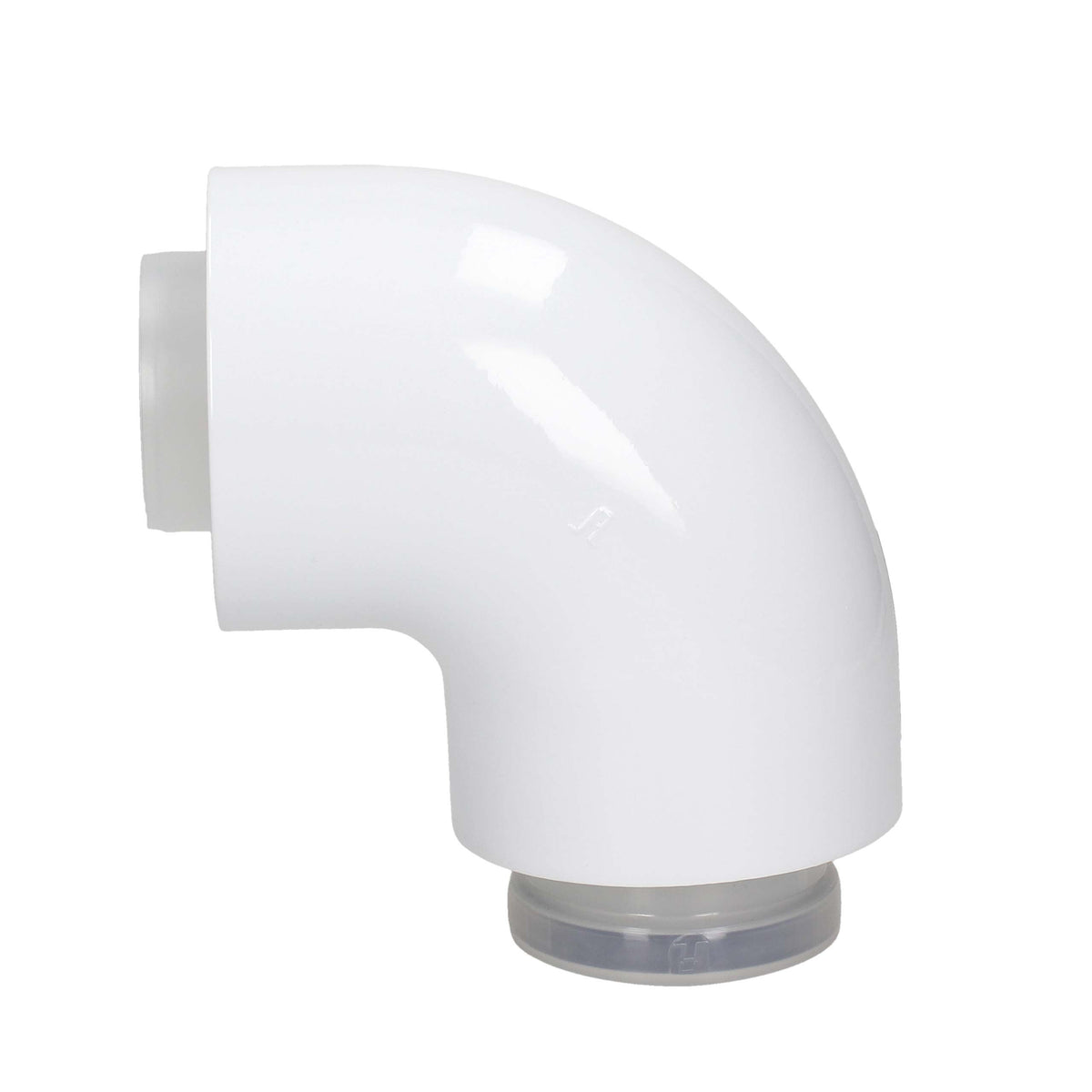A white plastic 90-degree elbow pipe connector with a clear plastic slip-on fitting at the bottom, shown on a plain white background.
