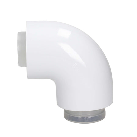 A white plastic 90-degree elbow pipe connector with a clear plastic slip-on fitting at the bottom, shown on a plain white background.