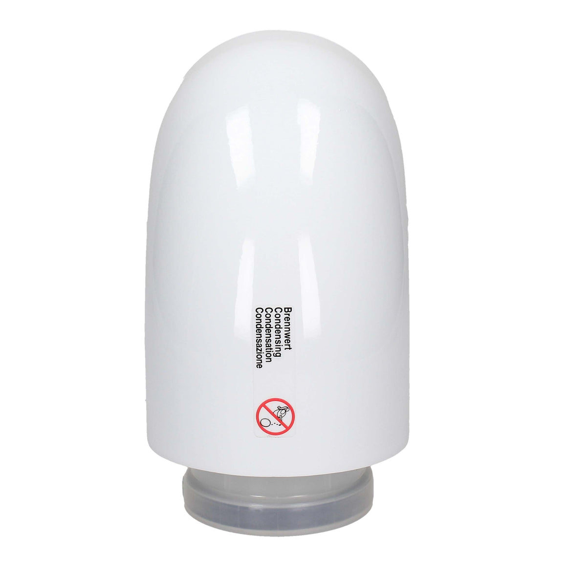 A white dome-shaped waterproof speaker with a clear plastic base, featuring black printed text and a red prohibition symbol on the front.
