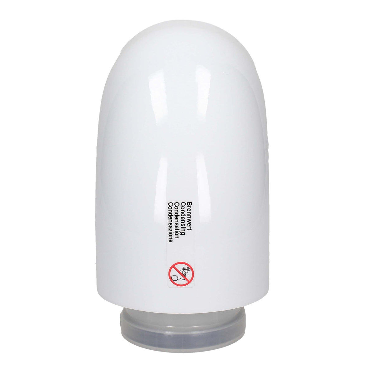 A white dome-shaped waterproof speaker with a clear plastic base, featuring black printed text and a red prohibition symbol on the front.