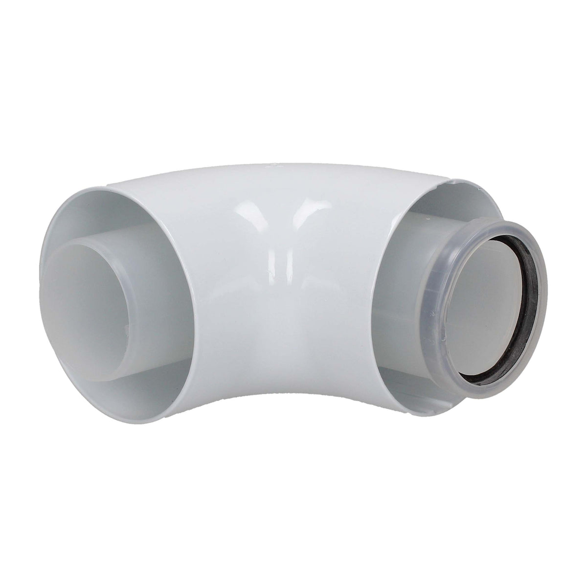 A white plastic 90-degree elbow pipe connector with a threaded connection on one end, shown on a solid white background.